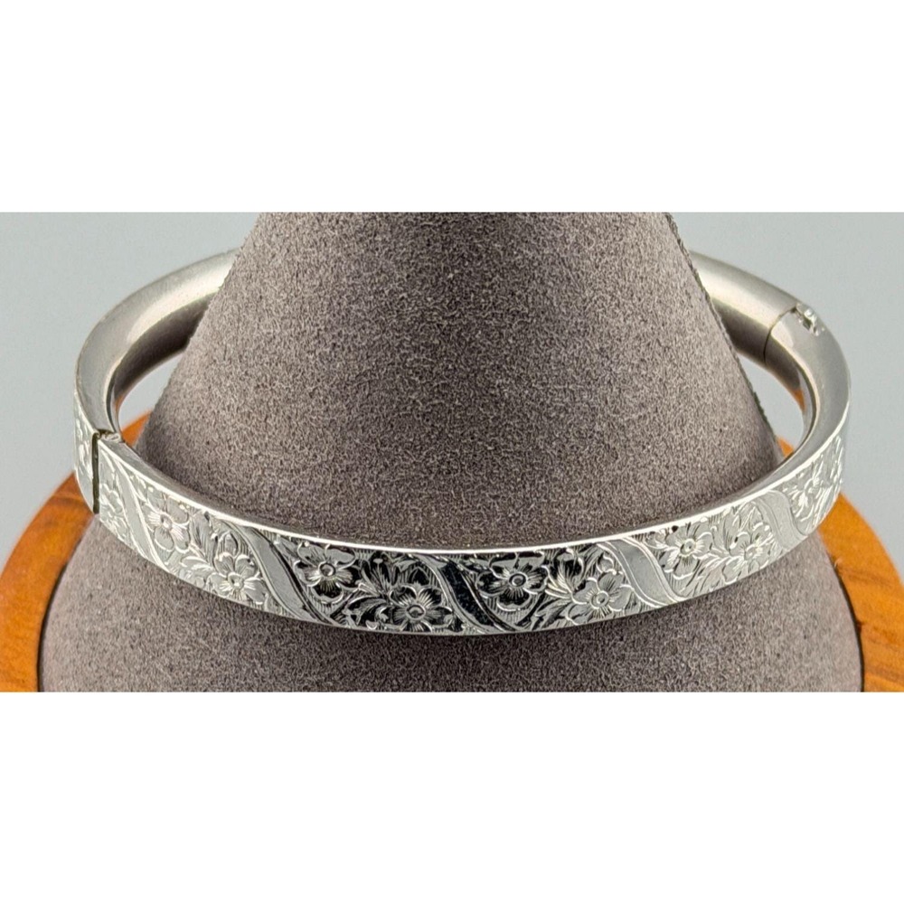Vintage Sterling Silver Bangle Floral Engraved Hinged Tongue Marathon 17.8g